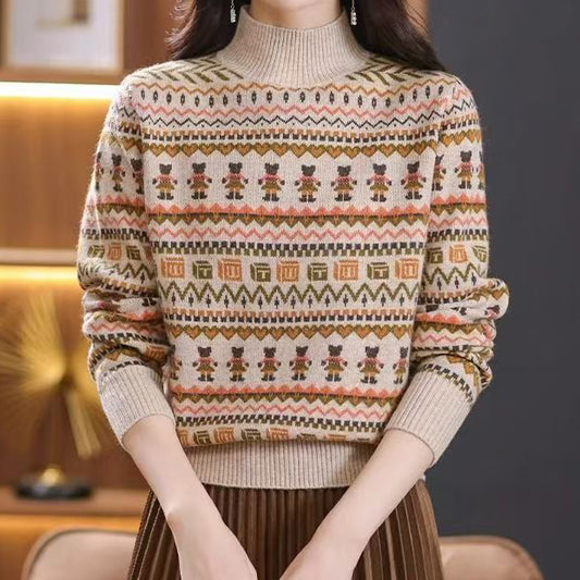 Elegancki i wygodny, ekskluzywny sweter z golfem w stylu retro z żakardowym wzorem, ciepły i uniwersalny.