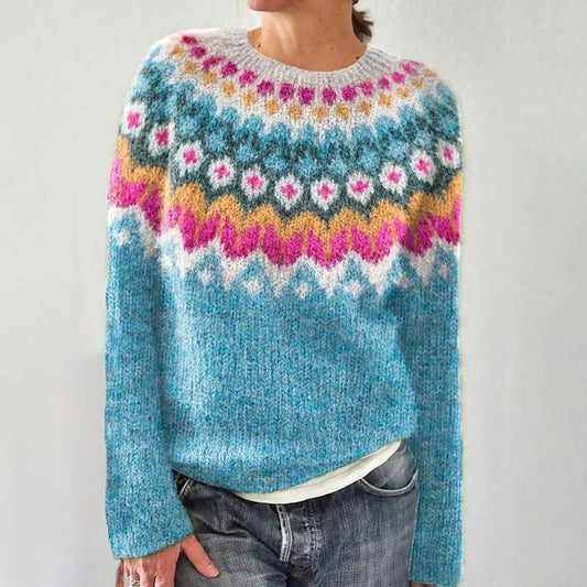 Elegancki i wygodny sweter z kaszmiru vintage z nadrukiem w niebieskie fale