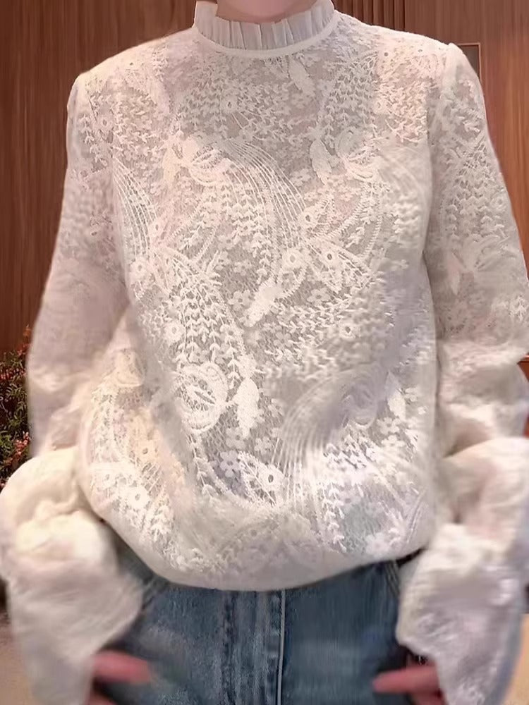 Elegancka i wygodna koszula retro z długim rękawem wykonana z koronki