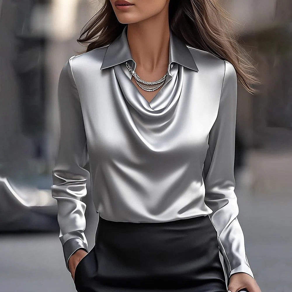 Elegancka, jednolita satynowa koszula z długim rękawem