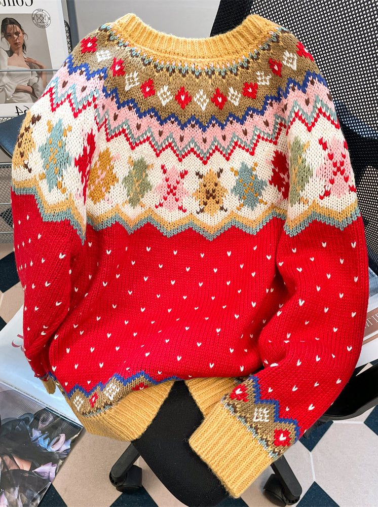 Elegancki, vintage'owy sweter kardigan Fair Isle z żakardową grafiką i motywem świątecznym, o luźnym i swobodnym kroju