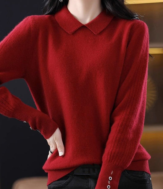 Elegancki i wygodny sweter z kaszmirowymi klapami w jednolitym kolorze