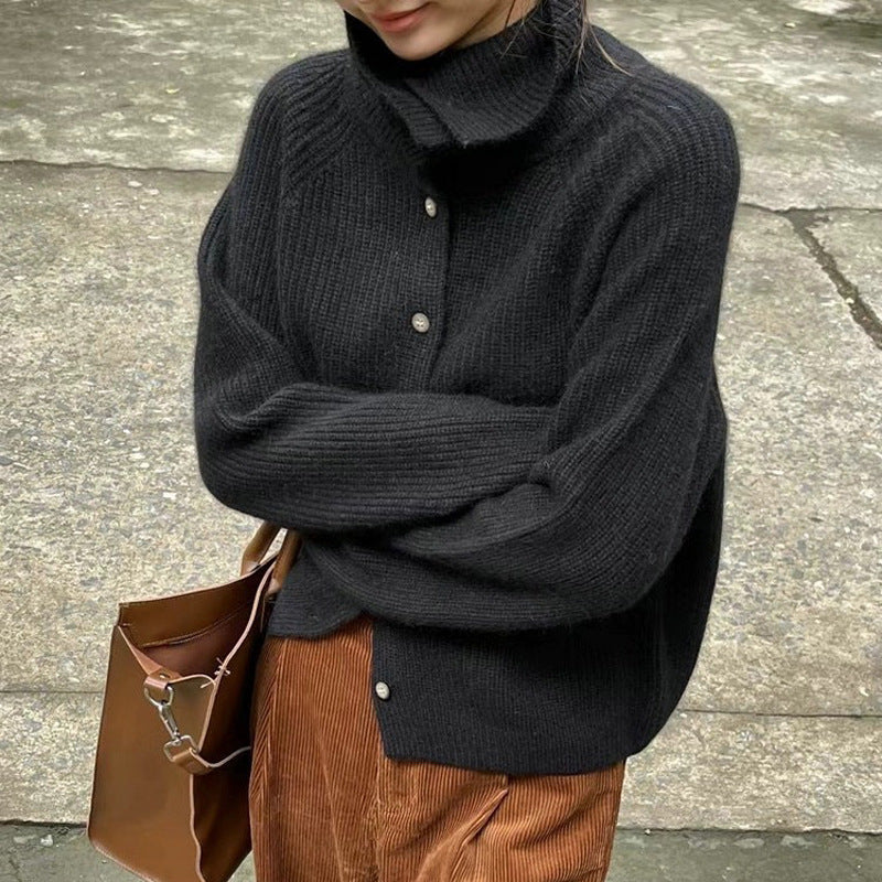 Elegancki i wygodny, dzianinowy kardigan z wysokim kołnierzem, w jednolitym kolorze, o uniwersalnym stylu 02