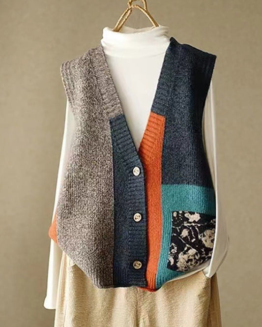 Luźny, uniwersalny sweter bez rękawów z wielokolorowymi blokami i kieszeniami 02