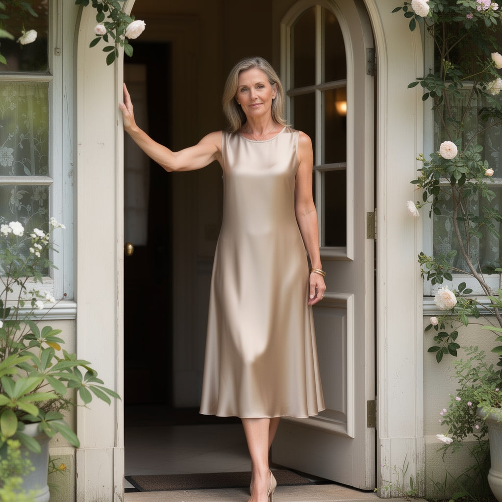 Ta luksusowa damska sukienka wykonana z jedwabiu ma okrągły dekolt, dzięki czemu jest idealnym wyborem na wiosnę i lato, a jej bezrękawnik emanuje elegancją i wyrafinowaniem.