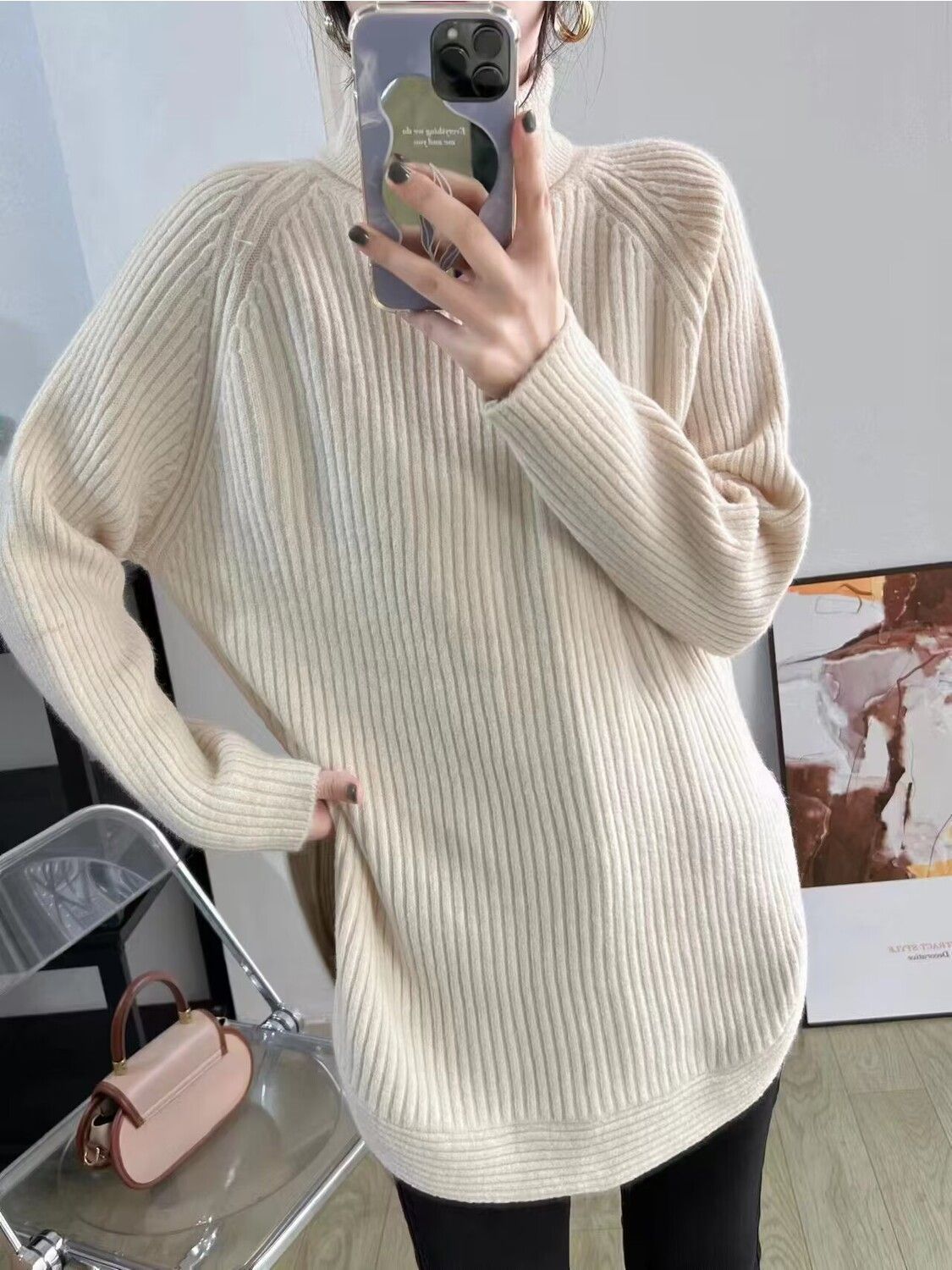 Damski luźny i elegancki sweter z półgolfem, w jednolitym kolorze, na co dzień