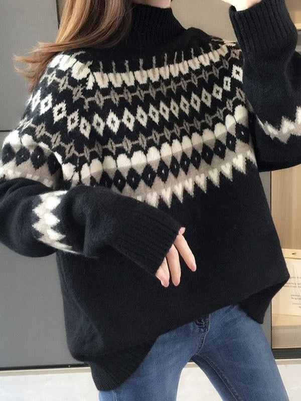 Damski sweter z okrągłym dekoltem i nadrukiem geometrycznym