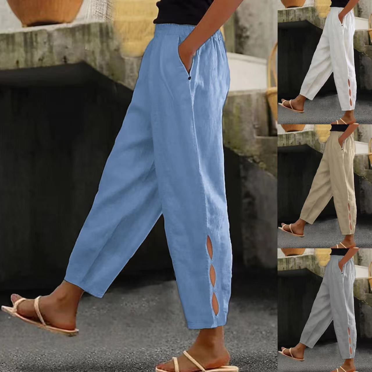 Nowe spodnie damskie, bawełniane i lniane, w jednolitym kolorze, modne, codzienne, w stylu casual, z kieszeniami bocznymi.