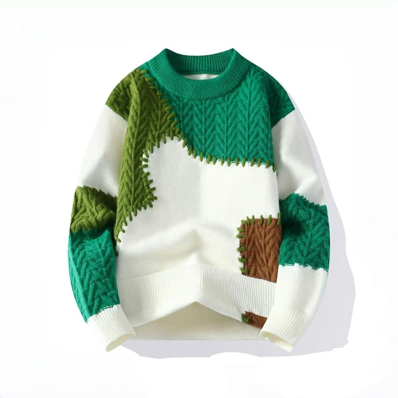 Męski sweter na jesień/zimę, wielokolorowy, patchworkowy, z blokami kolorów, ciepły i wygodny.