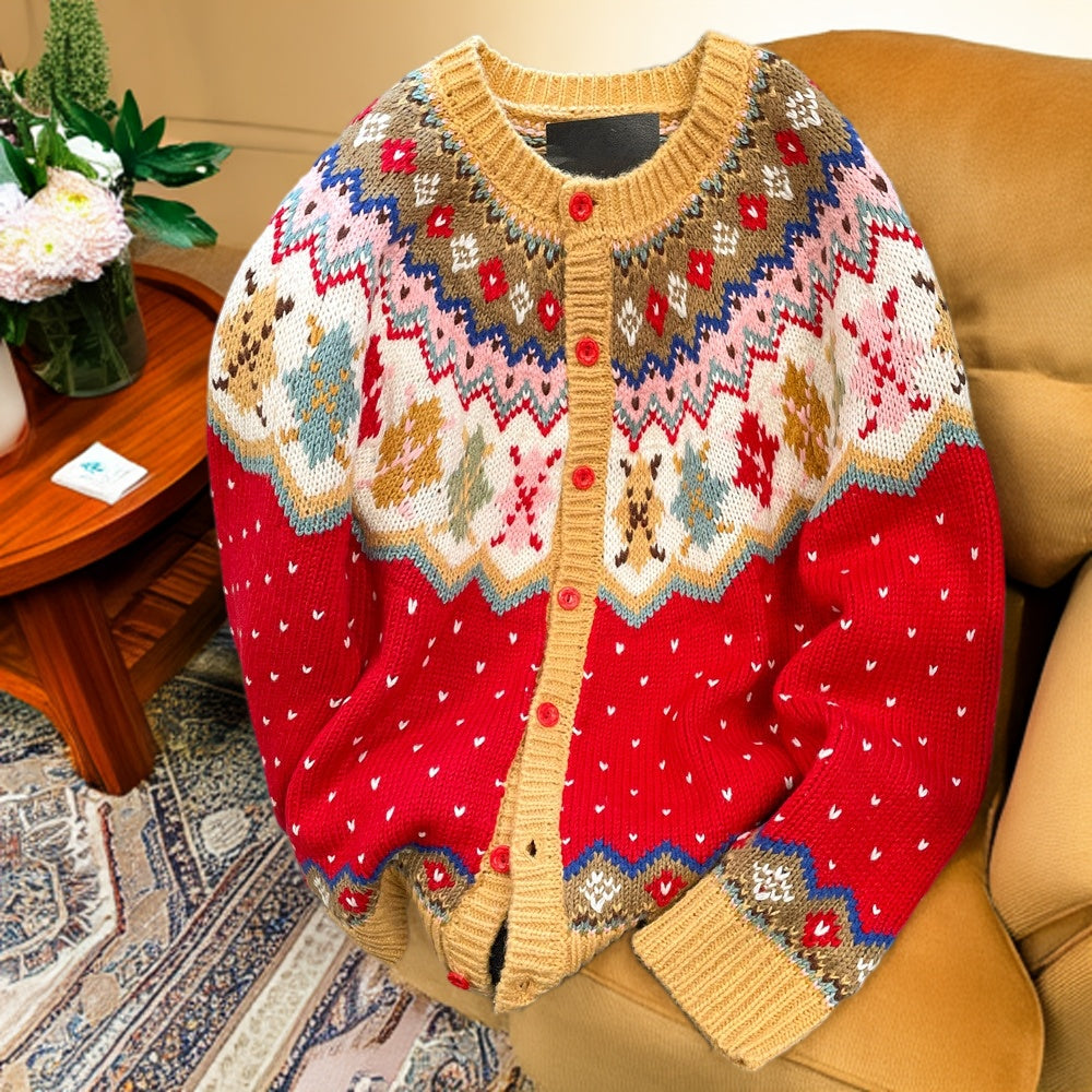Elegancki, vintage'owy sweter kardigan Fair Isle z żakardową grafiką i motywem świątecznym, o luźnym i swobodnym kroju