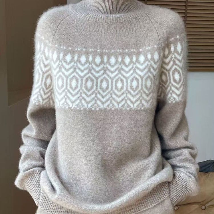 Elegancki i wygodny sweter z golfem, miękki i ciepły, z geometrycznym wzorem żakardowym.