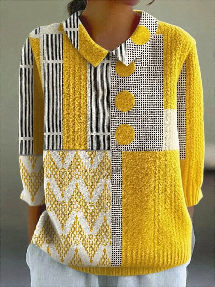 Elegancki, wygodny i miękki sweter w kontrastowej żółto-szarej kolorystyce, ozdobiony geometrycznymi wzorami.