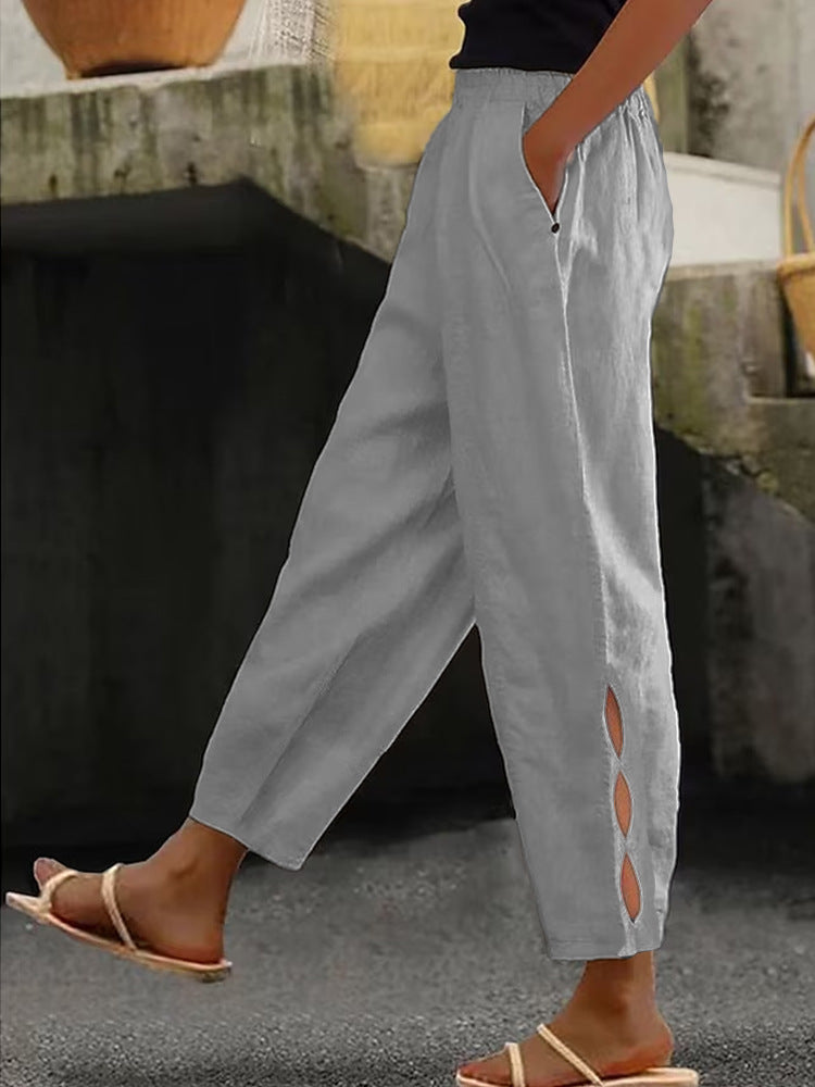 Nowe spodnie damskie, bawełniane i lniane, w jednolitym kolorze, modne, codzienne, w stylu casual, z kieszeniami bocznymi.