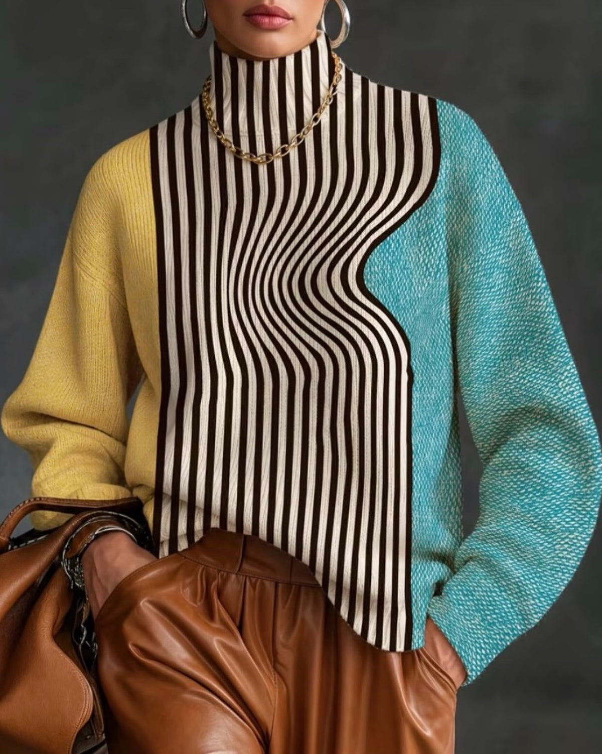 Nowy kolorowy sweter w paski, długie rękawy, wygodny i swobodny.