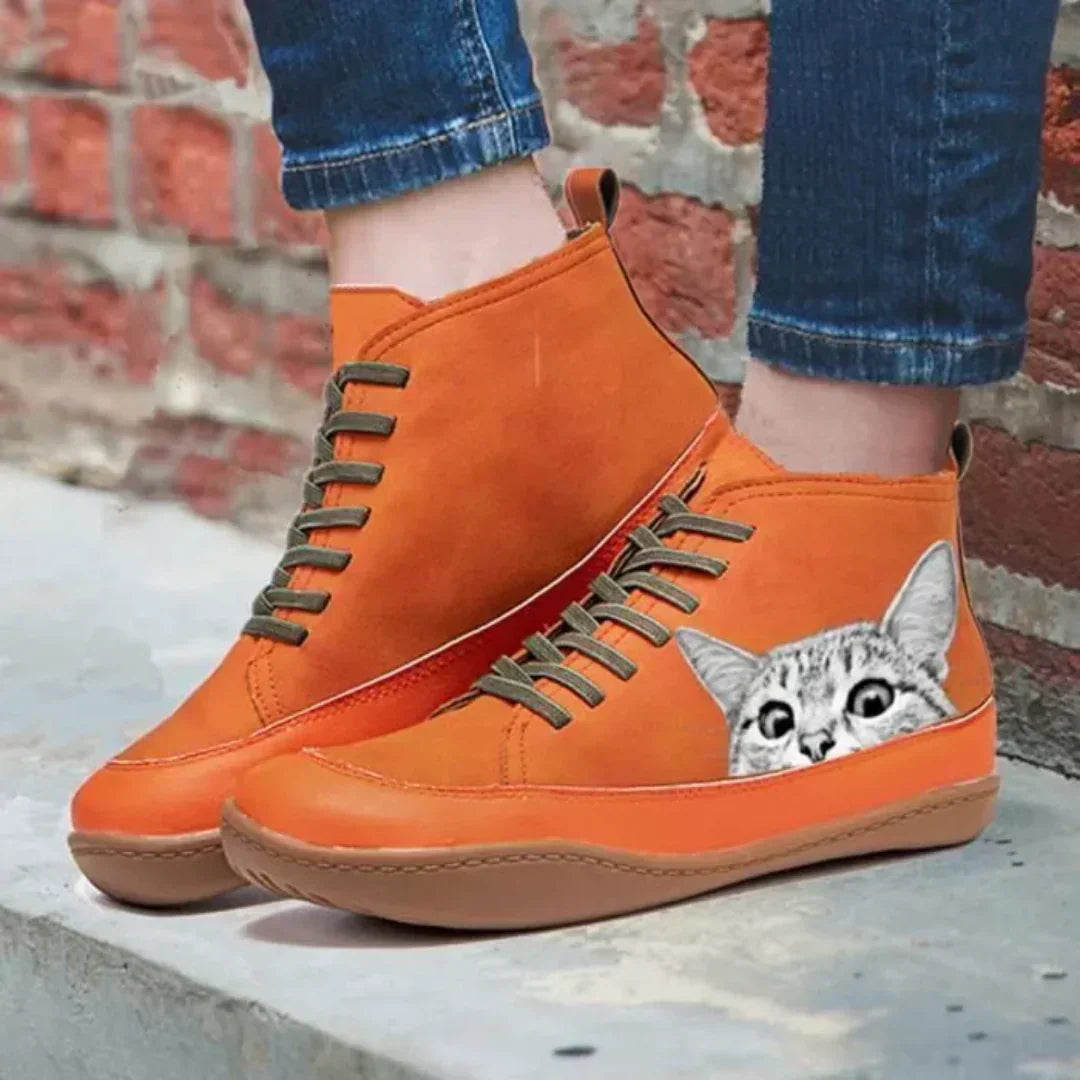 Nowe, sznurowane, płaskie oficerki damskie z okrągłym noskiem w pięciu kolorach z uroczym wzorem w kształcie głowy kota