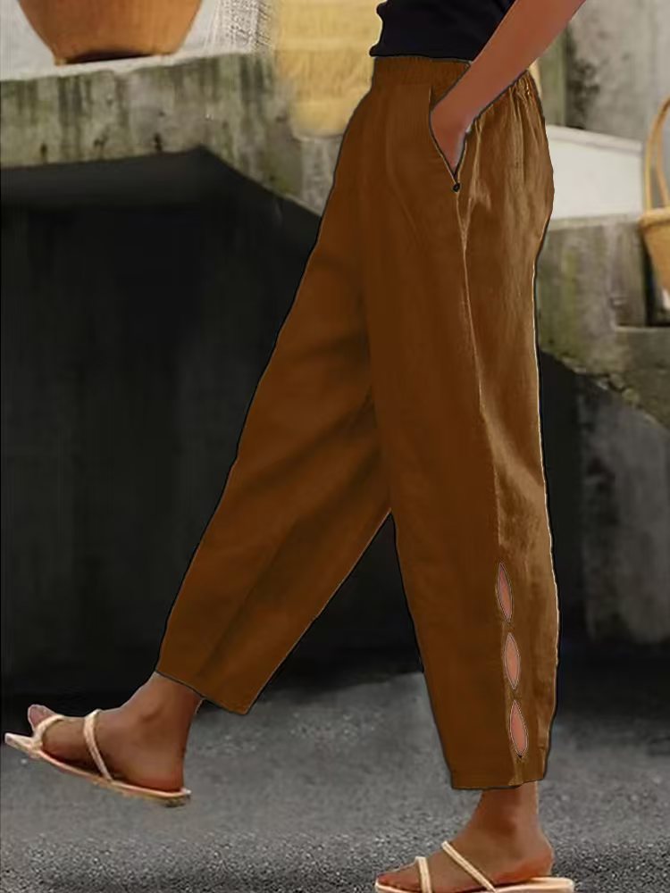 Nowe spodnie damskie, bawełniane i lniane, w jednolitym kolorze, modne, codzienne, w stylu casual, z kieszeniami bocznymi.