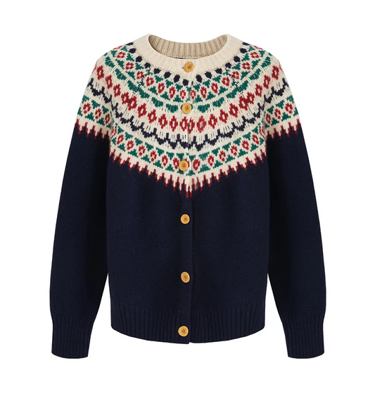 Luźny i wygodny niebieski kardigan z geometrycznym wzorem w stylu retro i zapięciem na guziki