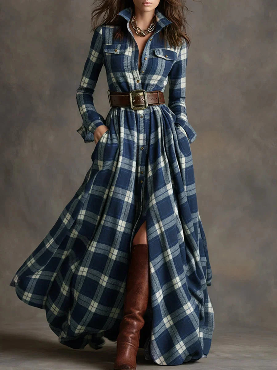 Elegancka i wygodna, francuska sukienka w kratę w stylu vintage z kołnierzykiem i szeroką spódnicą.