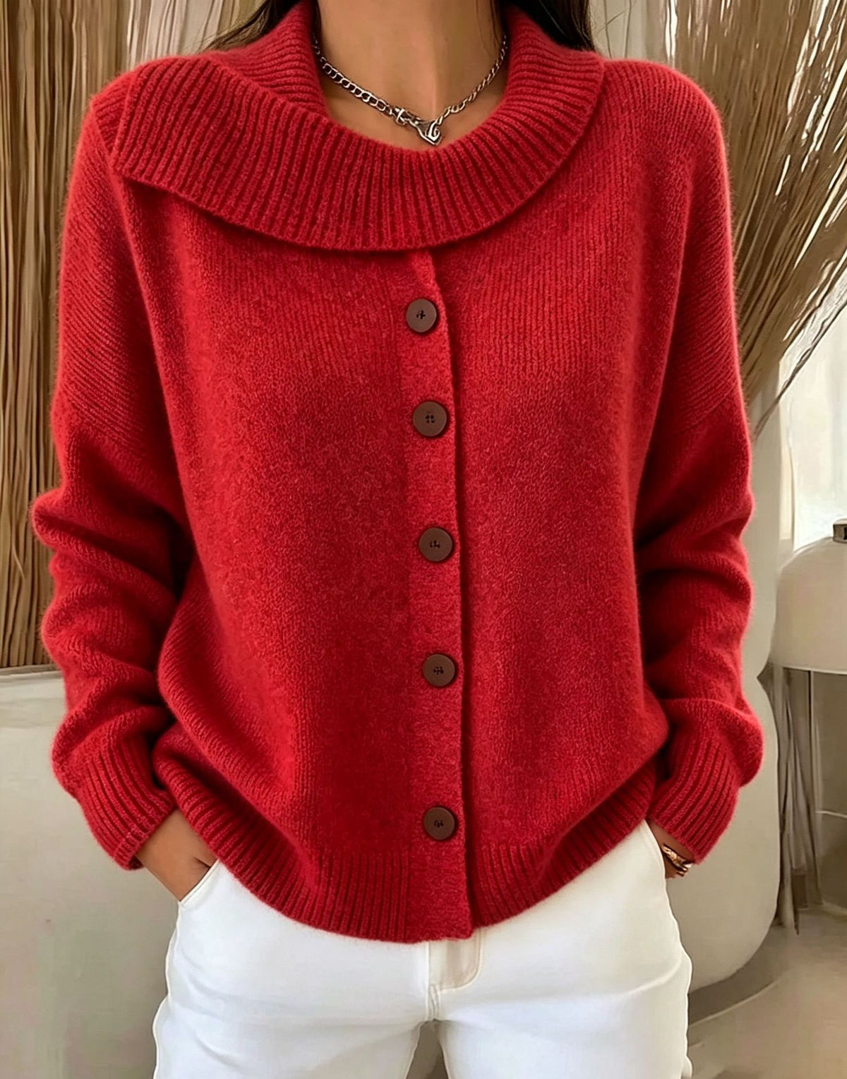 Ten elegancki i wygodny sweter w jednolitym kolorze wyróżnia się nieregularnym wzorem klap, co nadaje mu stylowy wygląd.