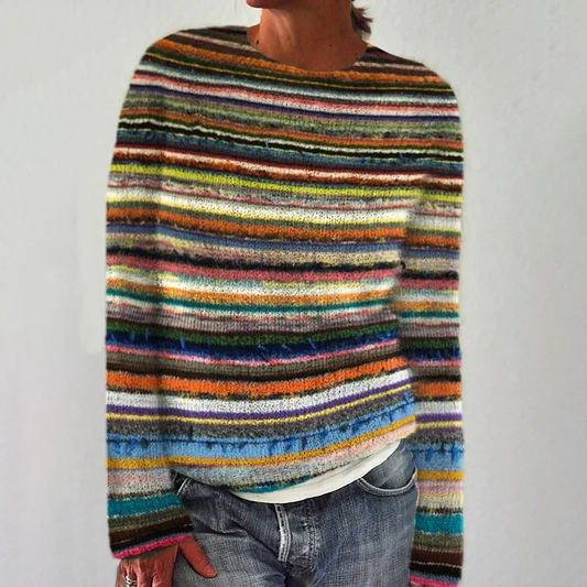 Elegancki i wygodny sweter z kaszmiru w stylu vintage z kolorowym nadrukiem w paski
