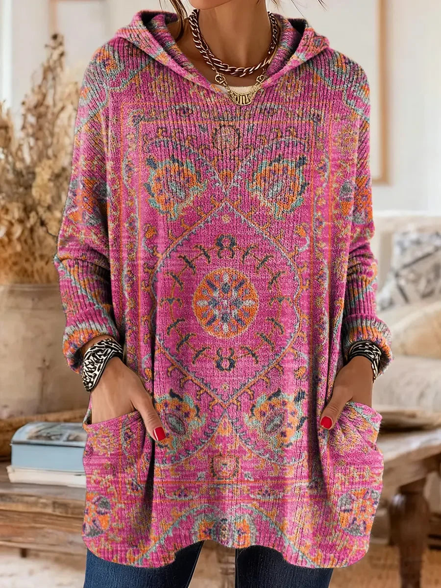 Elegancki i wygodny sweter kaszmirowy z nadrukiem w kwiaty w stylu boho, z kapturem i kieszeniami.