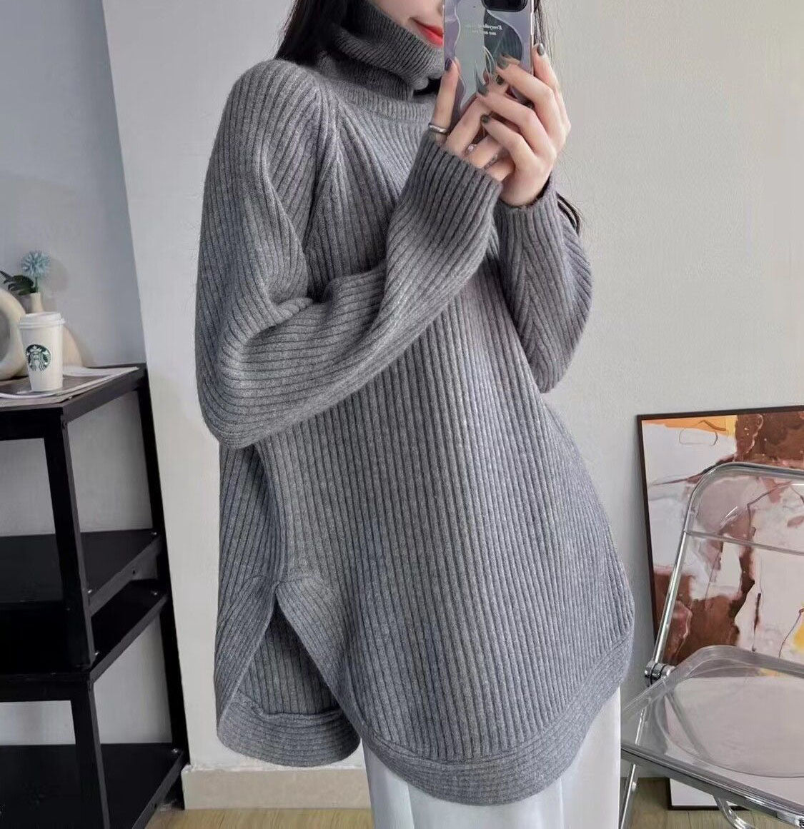 Damski luźny i elegancki sweter z półgolfem, w jednolitym kolorze, na co dzień
