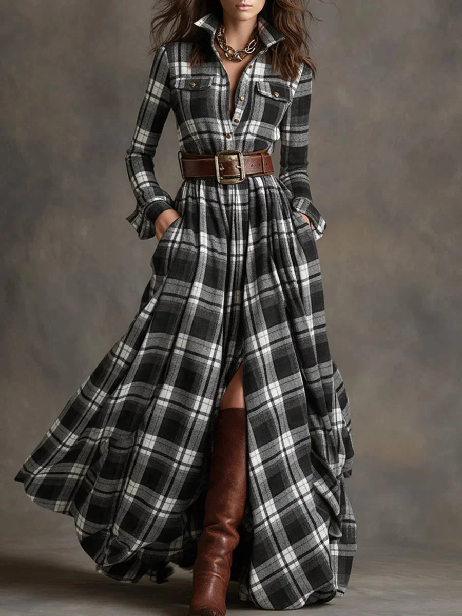 Elegancka i wygodna, francuska sukienka w kratę w stylu vintage z kołnierzykiem i szeroką spódnicą.