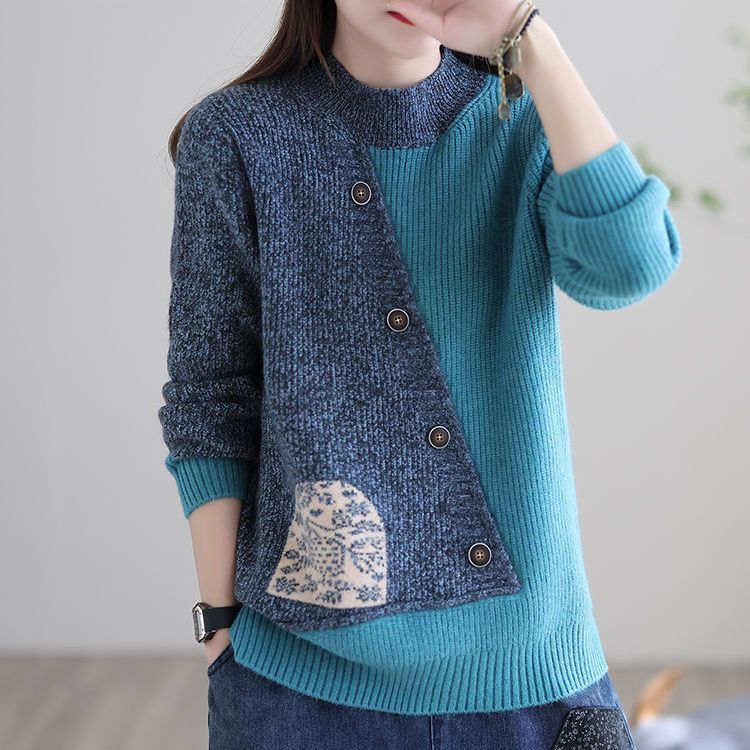 Damski sweter z golfem z kaszmiru w stylu retro, z blokami kolorów, uniwersalny, ciepły i wygodny.