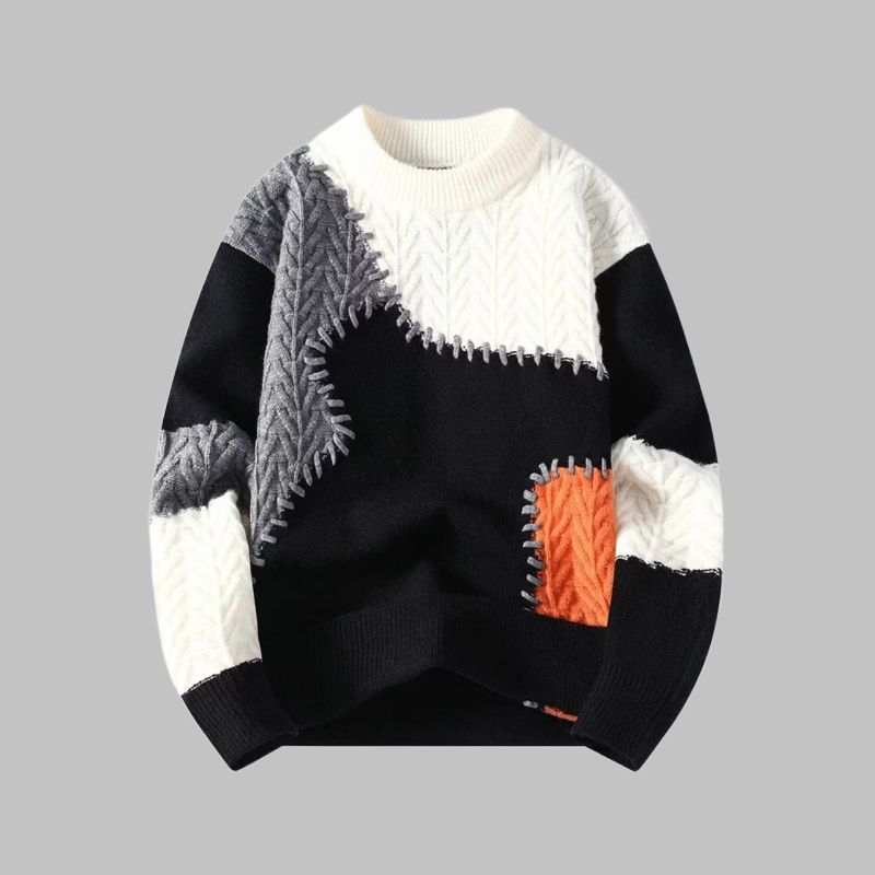 Męski sweter na jesień/zimę, wielokolorowy, patchworkowy, z blokami kolorów, ciepły i wygodny.