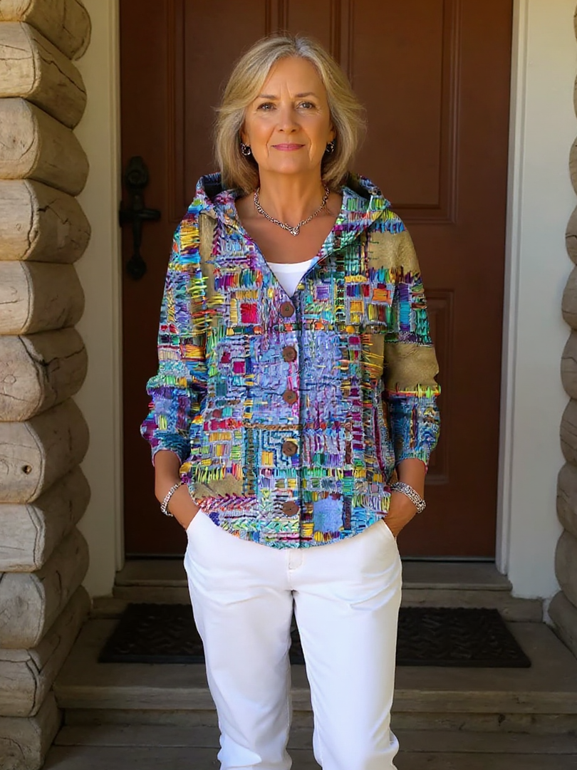 Elegancki i wygodny kolorowy kardigan z kapturem w nieregularnym geometrycznym wzorze, idealny do noszenia na co dzień