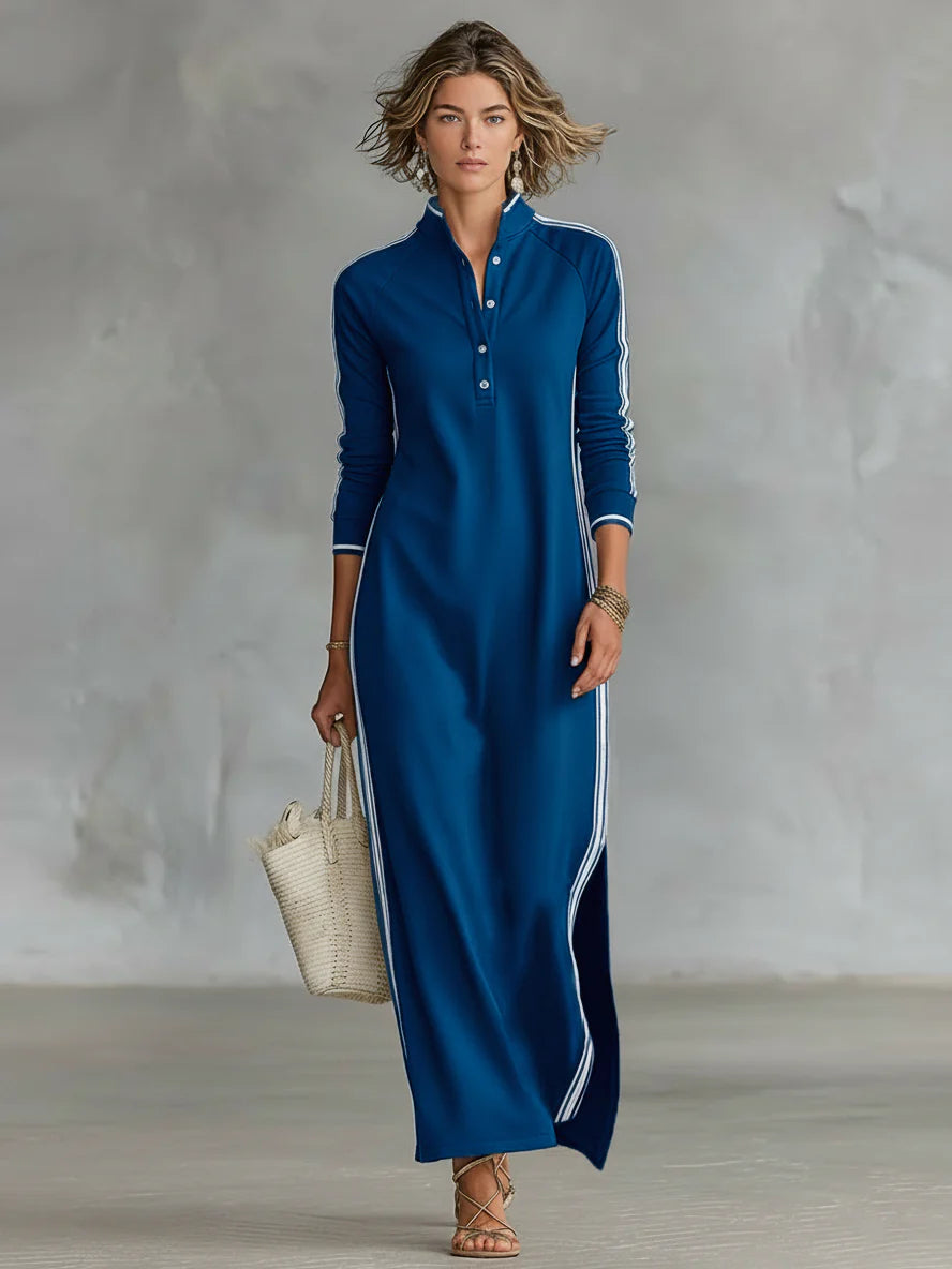 Modna długa suknia w stylu arabskim dla kobiet, prosty dekolt z guzikami, długie rękawy