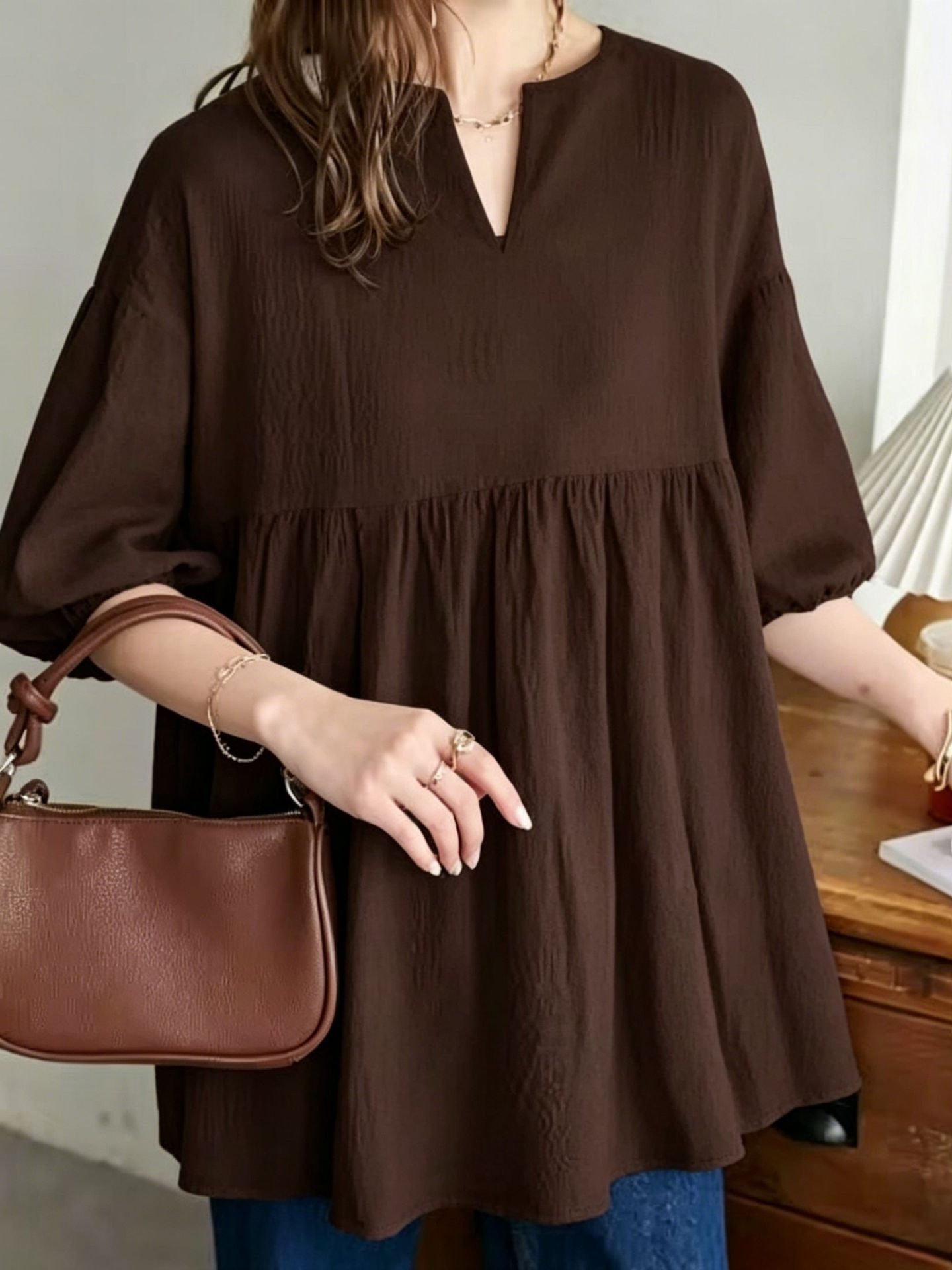 Damski top w jednolitym kolorze, plus-size, rękawy 3/4, luźny krój