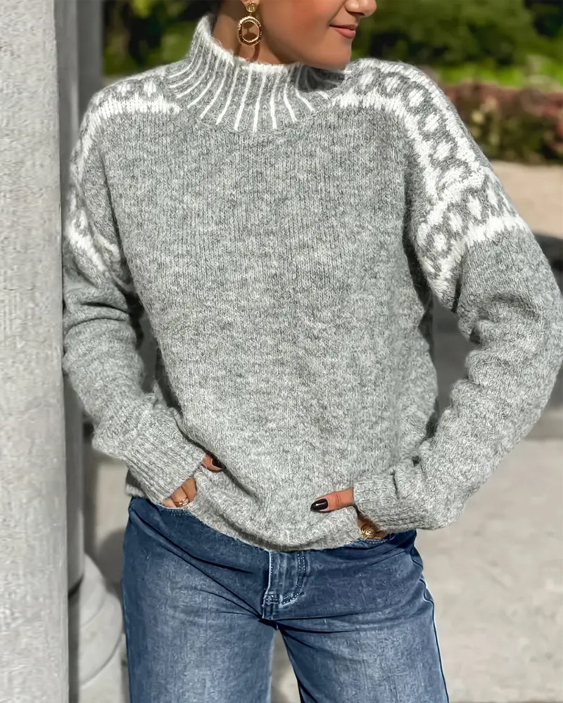 Elegancki i wygodny sweter z golfem, żakardowy wzór, gruby sweter z dzianiny
