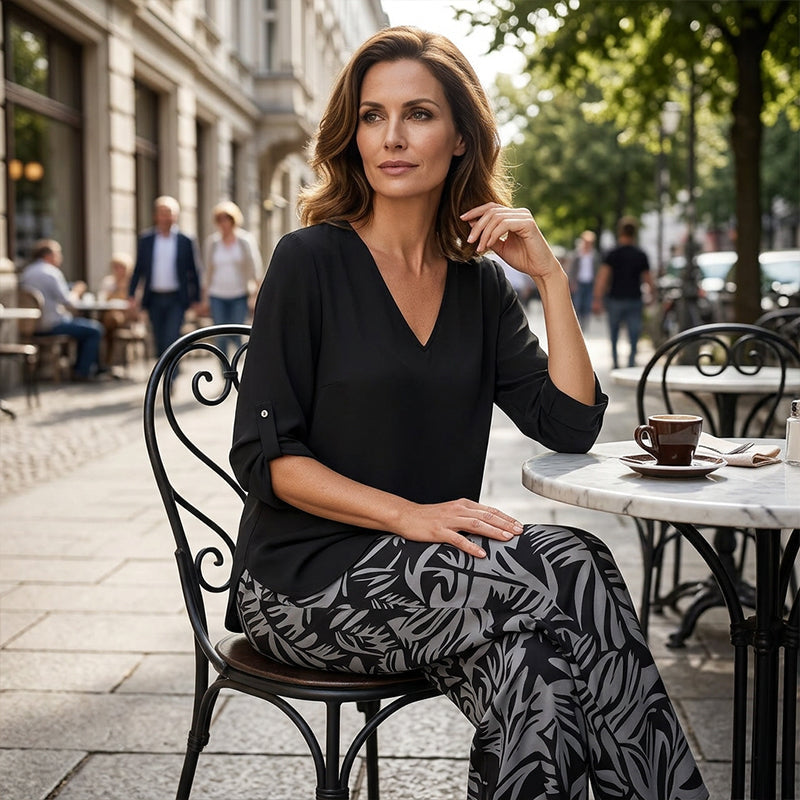 Luźny komplet damski składający się z dwóch części, z długim rękawem, dekoltem w serek i nadrukiem cyfrowym