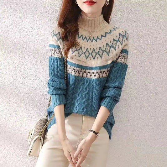 Elegancki i wygodny sweter z kaszmiru w stylu vintage, z wielokolorowym, geometrycznym nadrukiem w fale