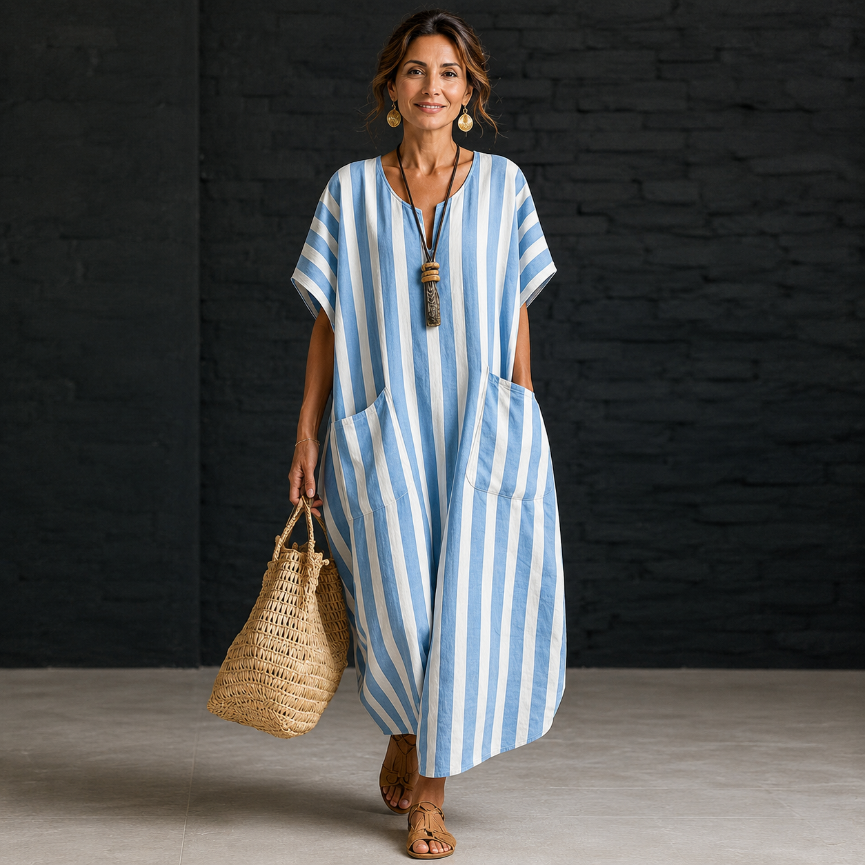 Nowa luźna sukienka z paskami w kolorze V, elegancki styl casual