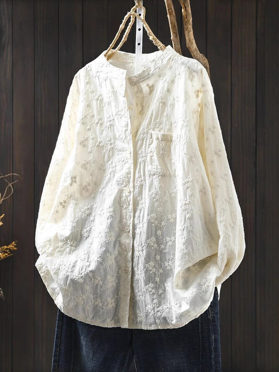 Damska, słodka i uniwersalna, biała koszula z długim rękawem, zapinana na guziki, z haftowanym wzorem i stójką