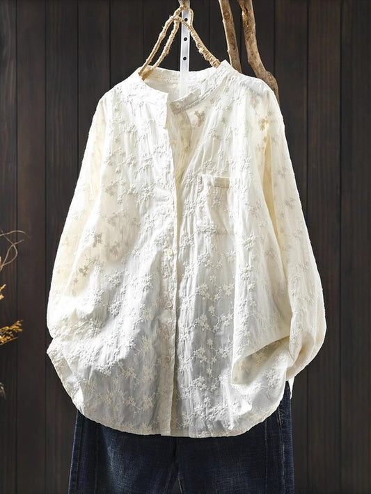 Damska, słodka i uniwersalna, biała koszula z długim rękawem, zapinana na guziki, z haftowanym wzorem i stójką