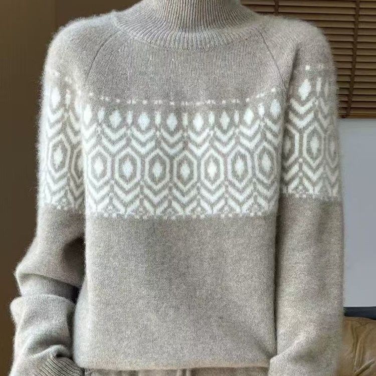 Elegancki i wygodny sweter z golfem, miękki i ciepły, z geometrycznym wzorem żakardowym.