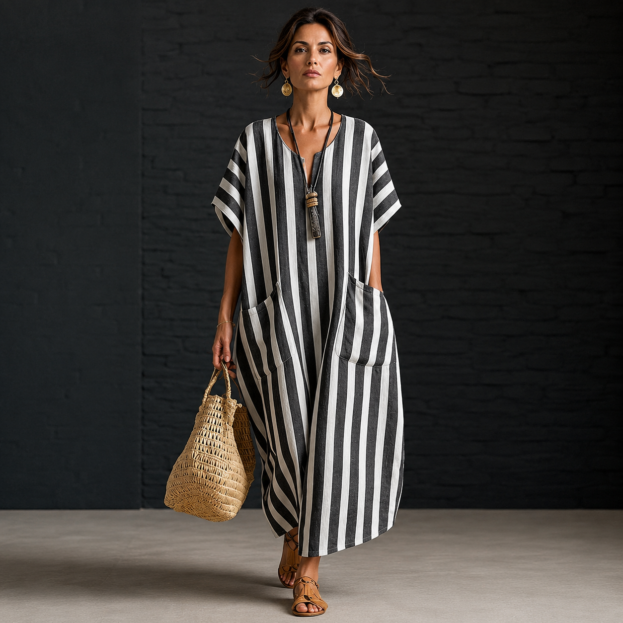 Nowa luźna sukienka z paskami w kolorze V, elegancki styl casual