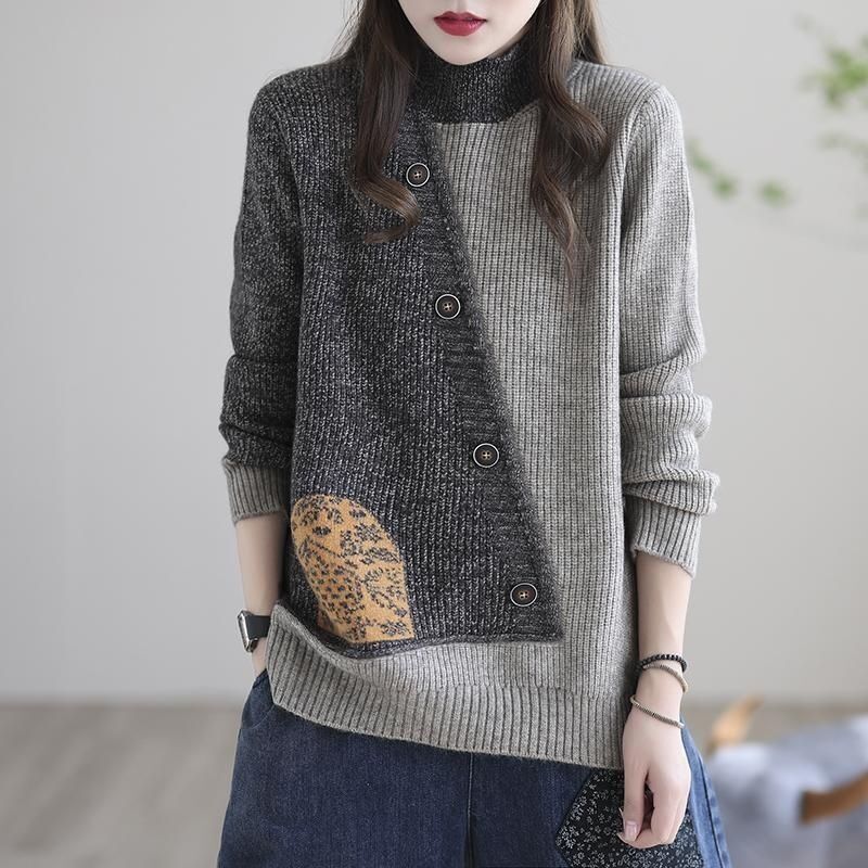 Damski sweter z golfem z kaszmiru w stylu retro, z blokami kolorów, uniwersalny, ciepły i wygodny.