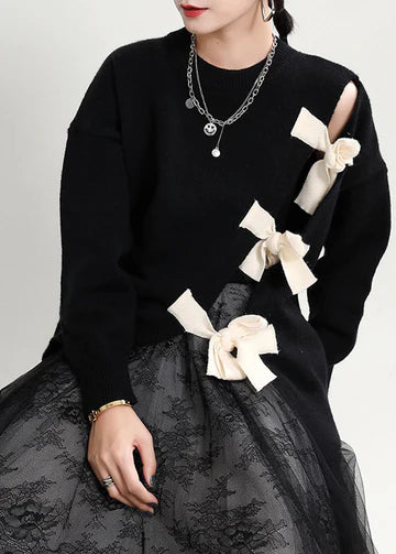 Nowy czarny sweter plus-size damski z kokardką, wygodny i uniwersalny.
