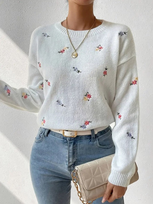 Elegancki i wygodny sweter z okrągłym dekoltem i kwiatowym wzorem, miękki w dotyku, uniwersalny i wygodny