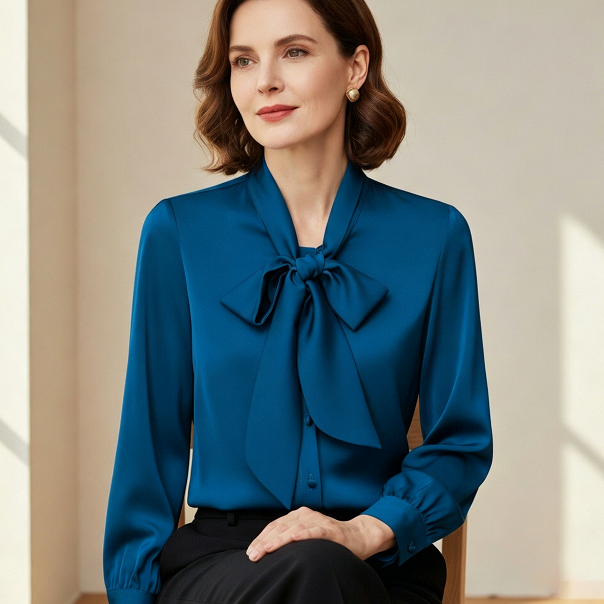 Koszula jednorzędowa casualowa z muszką, elegancka, jednokolorowa, z długim rękawem, stylowa i młodzieżowa
