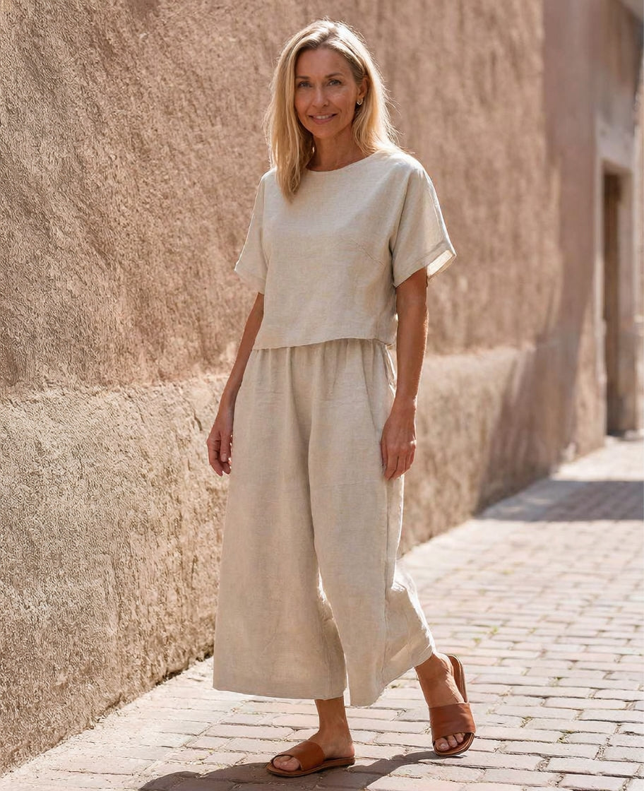 Luźny, dwuczęściowy strój w jednolitym kolorze, z krótkim rękawem, okrągłym dekoltem, swobodny i przewiewny.
