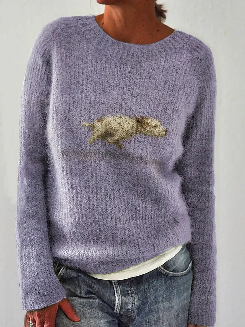 Elegancki i wygodny sweter damski w jednolitym kolorze, ozdobiony wzorem przedstawiającym psa; uniwersalny styl.