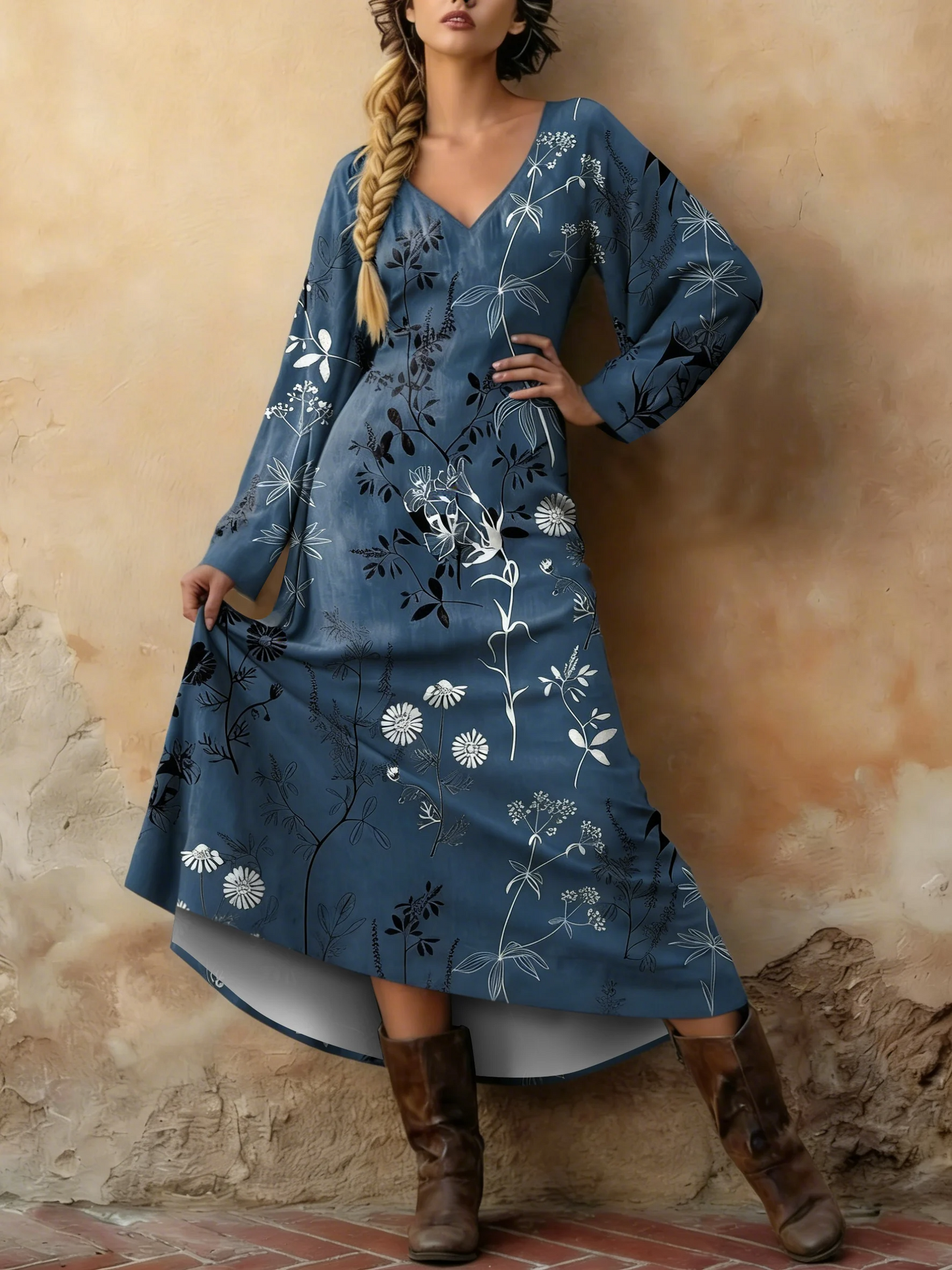 Elegancka, niebieska sukienka jeansowa w stylu retro ozdobiona kwiatowym nadrukiem i dekoltem w serek.