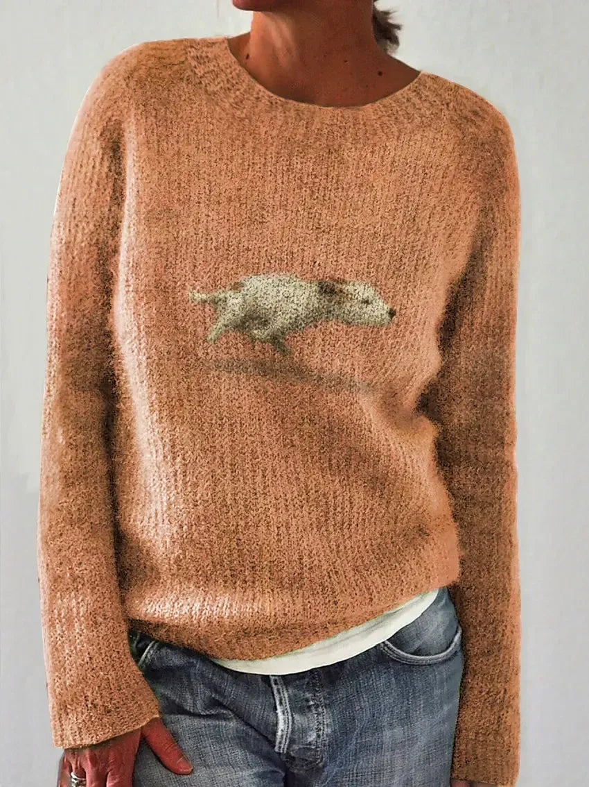 Elegancki i wygodny sweter damski w jednolitym kolorze, ozdobiony wzorem przedstawiającym psa; uniwersalny styl.