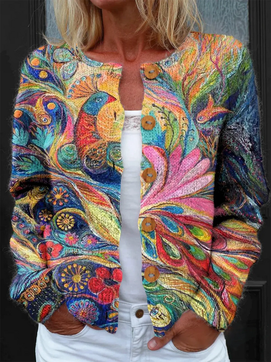 Elegancki i wygodny kardigan ozdobiony żywym wzorem kwiatowym.