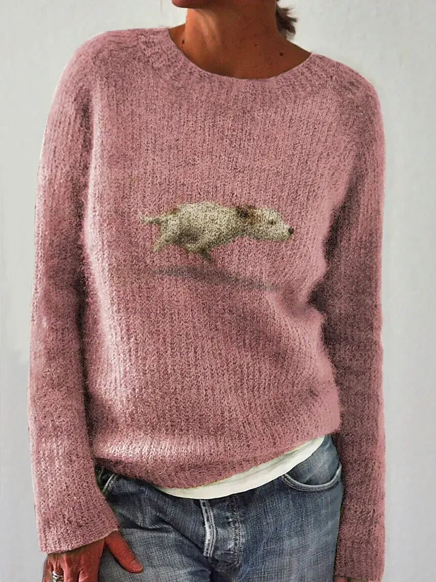 Elegancki i wygodny sweter damski w jednolitym kolorze, ozdobiony wzorem przedstawiającym psa; uniwersalny styl.